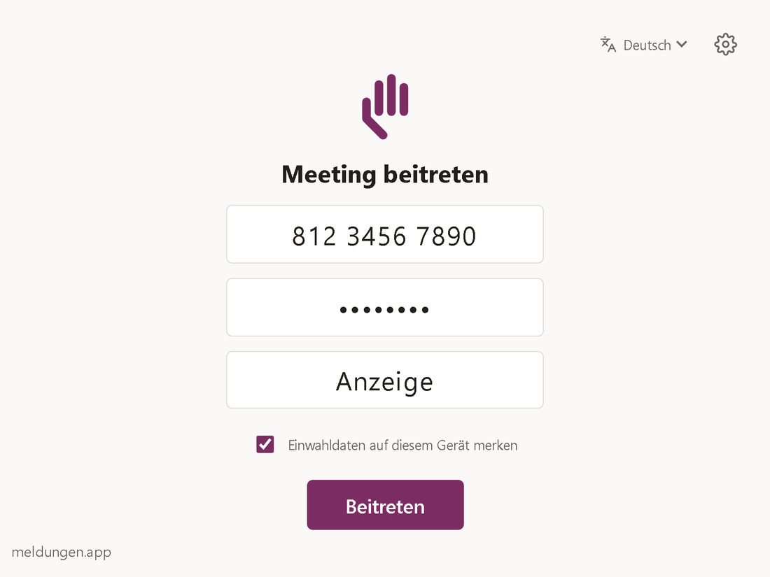 Eingabemaske mit den Feldern Meeting-ID, Kenncode und Anzeigename, einem Haken &bdquo;Einwahldaten auf diesem Ger&auml;t merken&ldquo; und dem Knopf &bdquo;Beitreten&ldquo;.