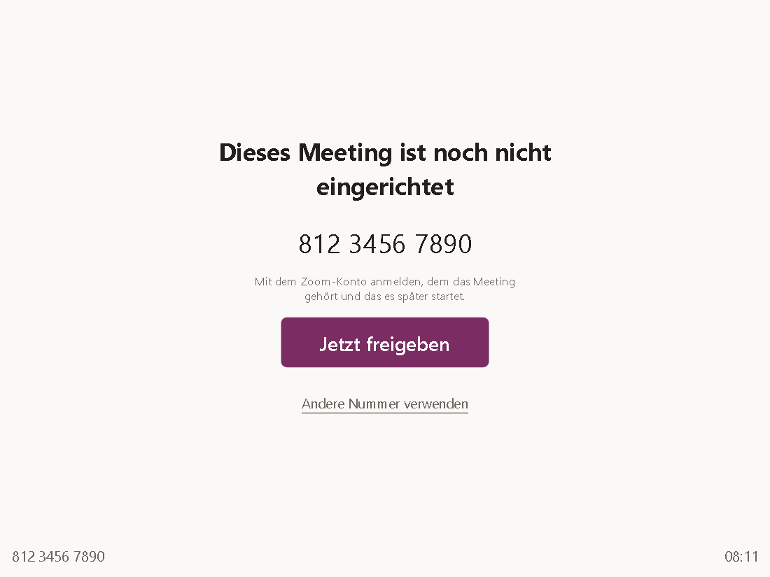 Bildschirm &bdquo;Dieses Meeting ist noch nicht eingerichtet&ldquo; mit der Meeting-ID und dem Knopf &bdquo;Jetzt freigeben&ldquo;.