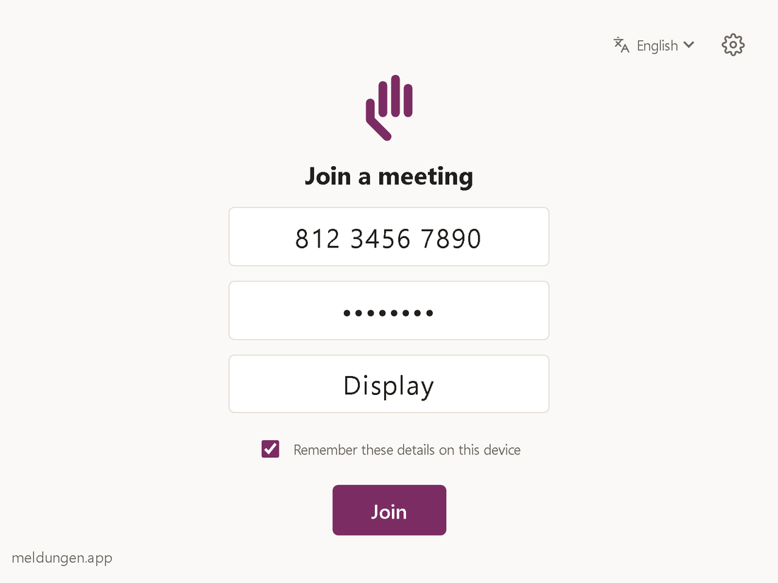 Entry form with the fields Meeting ID, Passcode and Display name, a checkbox &bdquo;Remember these details on this device&ldquo; and the button &bdquo;Join&ldquo;.