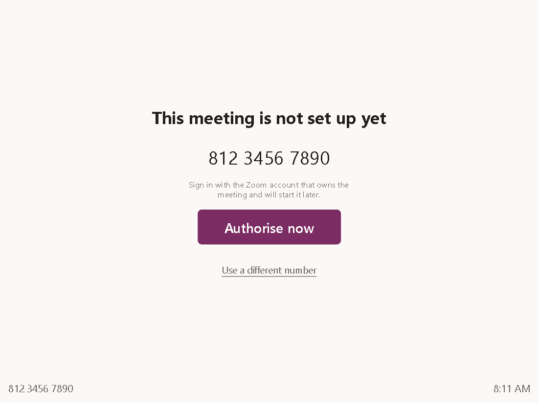Screen &bdquo;This meeting is not set up yet&ldquo; with the meeting ID and the button &bdquo;Authorise now&ldquo;.