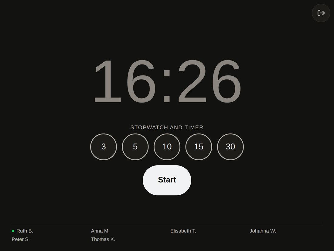 The display shows the time in large type, below it &bdquo;Stopwatch and timer&ldquo; with the values 3, 5, 10, 15 and 30 and a Start button.