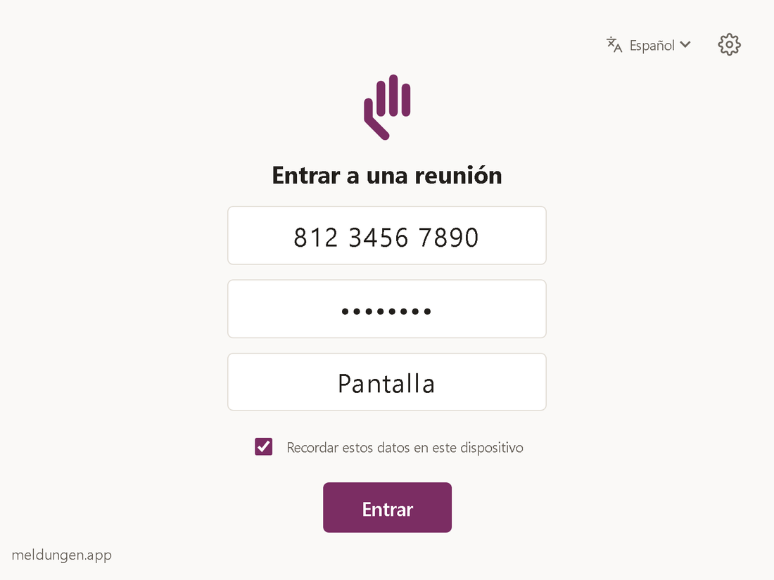 Formulario con los campos ID de reuni&oacute;n, C&oacute;digo de acceso y Su nombre, una casilla &bdquo;Recordar estos datos en este dispositivo&ldquo; y el bot&oacute;n &bdquo;Entrar&ldquo;.