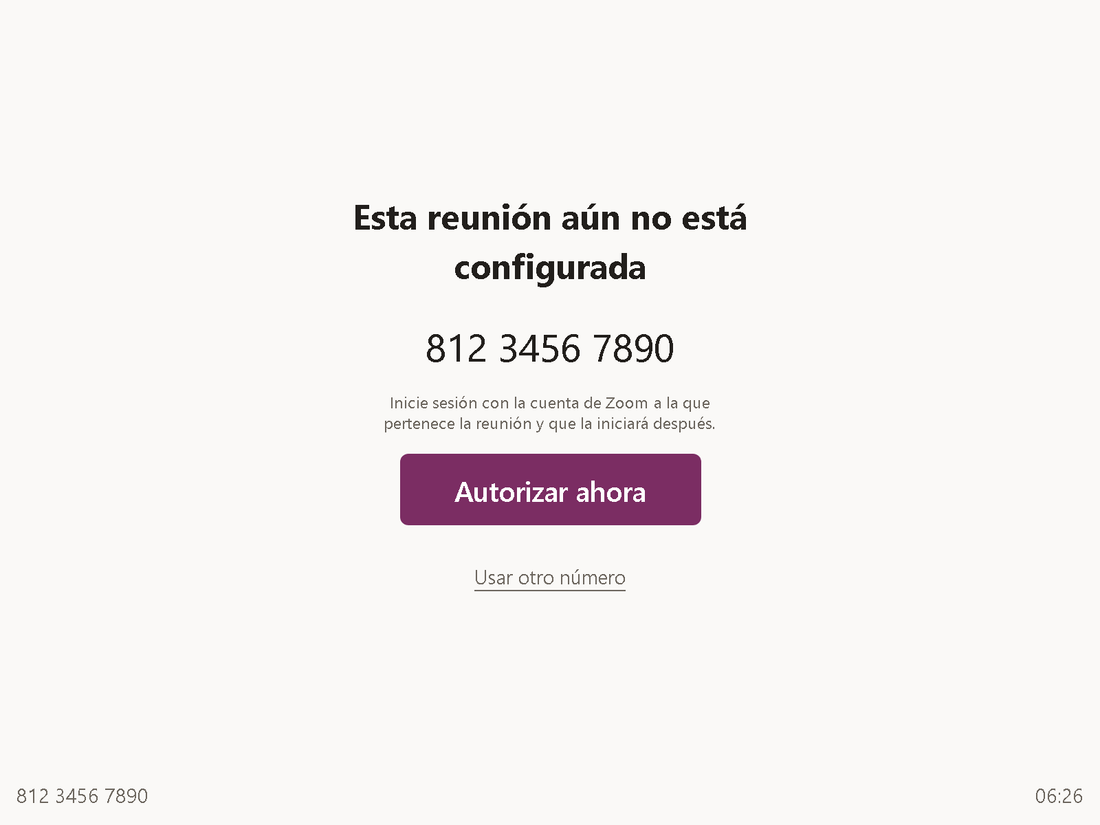 P&aacute;gina &bdquo;Esta reuni&oacute;n a&uacute;n no est&aacute; configurada&ldquo; con el ID de reuni&oacute;n y el bot&oacute;n &bdquo;Autorizar ahora&ldquo;.