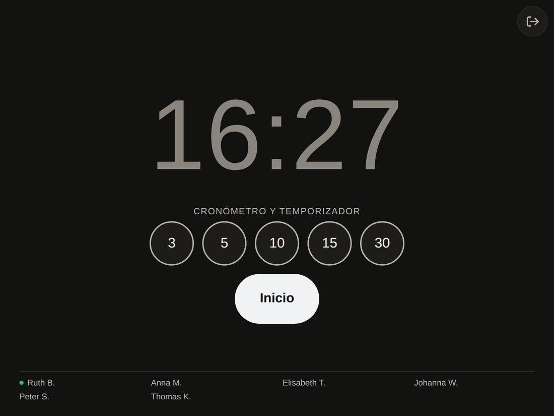 La pantalla muestra la hora en grande, debajo &bdquo;Cron&oacute;metro y temporizador&ldquo; con los valores 3, 5, 10, 15 y 30 y un bot&oacute;n Inicio.