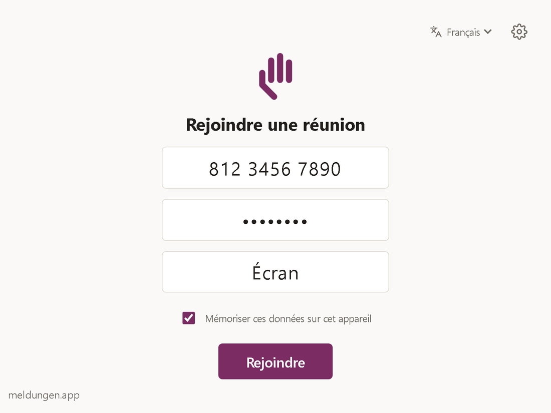 Formulaire avec les champs ID de r&eacute;union, Code secret et Votre nom, une case &bdquo;M&eacute;moriser ces donn&eacute;es sur cet appareil&ldquo; et le bouton &bdquo;Rejoindre&ldquo;.
