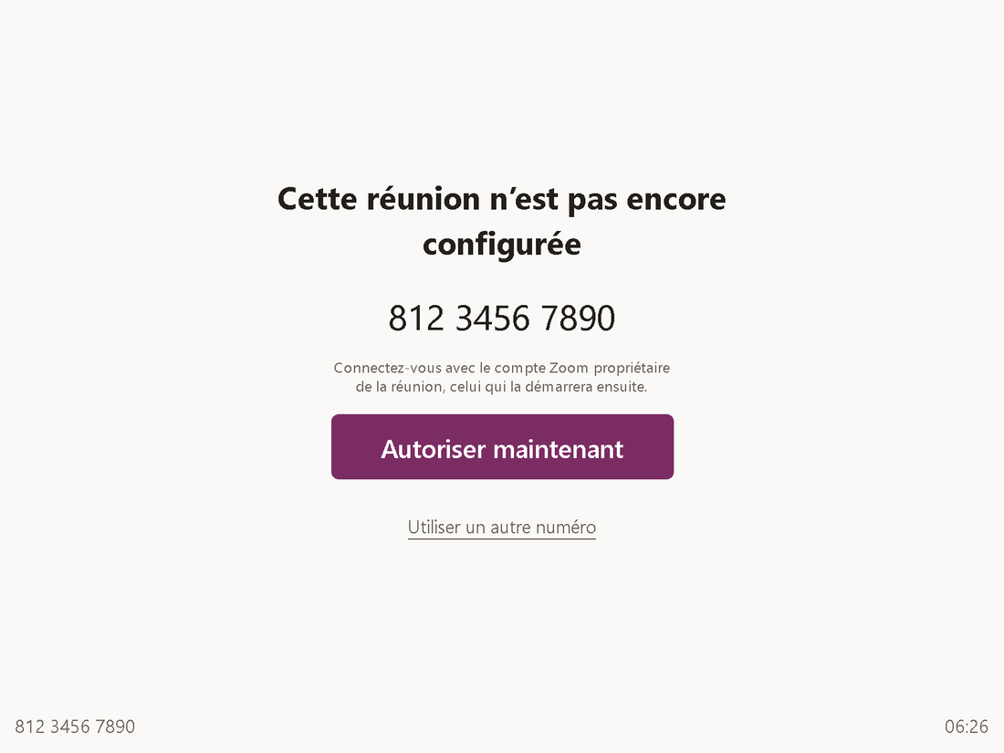Page &bdquo;Cette r&eacute;union n&rsquo;est pas encore configur&eacute;e&ldquo; avec l&rsquo;ID de r&eacute;union et le bouton &bdquo;Autoriser maintenant&ldquo;.