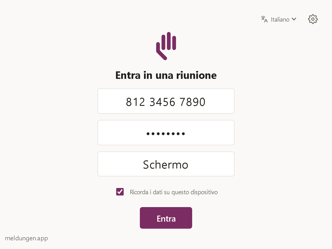 Modulo con i campi ID riunione, Passcode e Il tuo nome, una casella &bdquo;Ricorda i dati su questo dispositivo&ldquo; e il pulsante &bdquo;Entra&ldquo;.