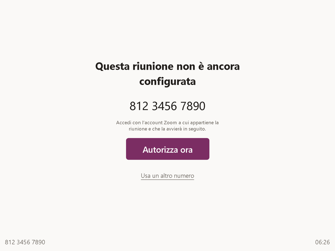 Schermata &bdquo;Questa riunione non &egrave; ancora configurata&ldquo; con l&rsquo;ID riunione e il pulsante &bdquo;Autorizza ora&ldquo;.