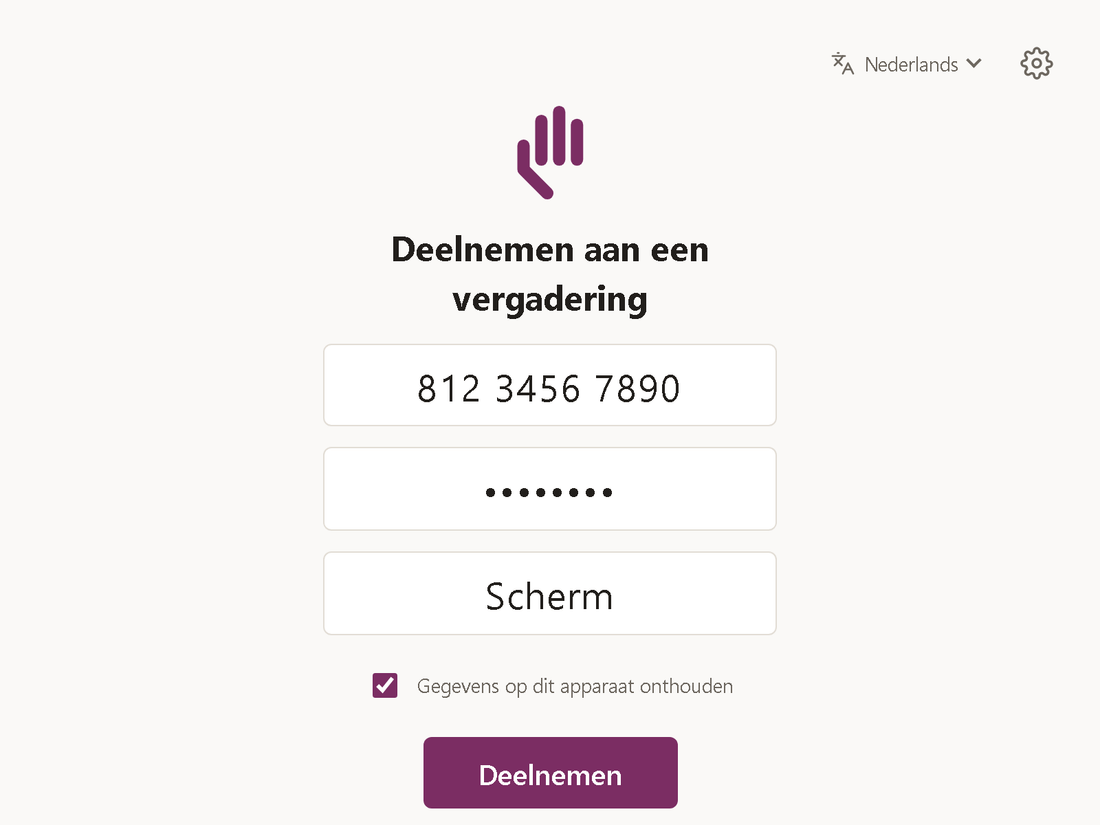 Invoerformulier met de velden Vergader-ID, Toegangscode en Uw naam, een vinkje &bdquo;Gegevens op dit apparaat onthouden&ldquo; en de knop &bdquo;Deelnemen&ldquo;.