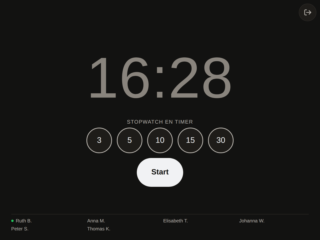 Het scherm toont groot de tijd, daaronder &bdquo;Stopwatch en timer&ldquo; met de waarden 3, 5, 10, 15 en 30 en een Start-knop.