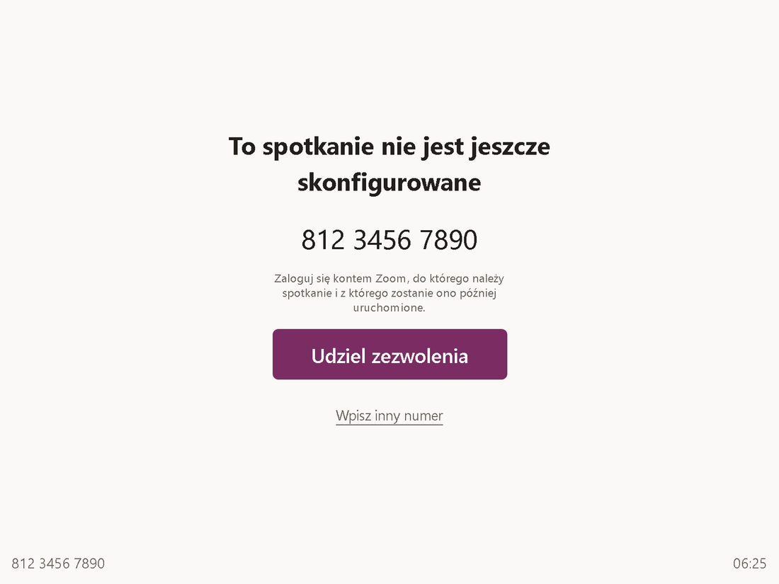 Ekran &bdquo;To spotkanie nie jest jeszcze skonfigurowane&ldquo; z ID spotkania i przyciskiem &bdquo;Udziel zezwolenia&ldquo;.
