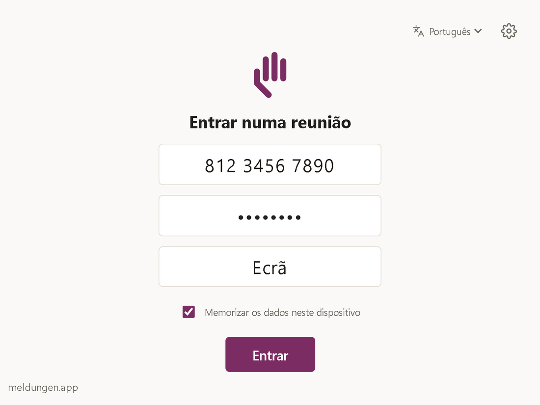 Formulário com os campos ID da reunião, Senha e O seu nome, uma caixa &bdquo;Memorizar os dados neste dispositivo&ldquo; e o botão &bdquo;Entrar&ldquo;.