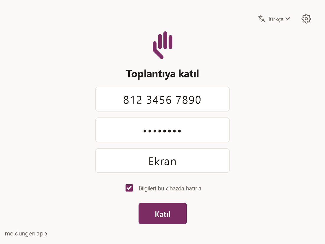 Toplantı kimliği, Parola ve Adınız alanlarını, &bdquo;Bilgileri bu cihazda hatırla&ldquo; onay kutusunu ve &bdquo;Katıl&ldquo; düğmesini içeren giriş formu.
